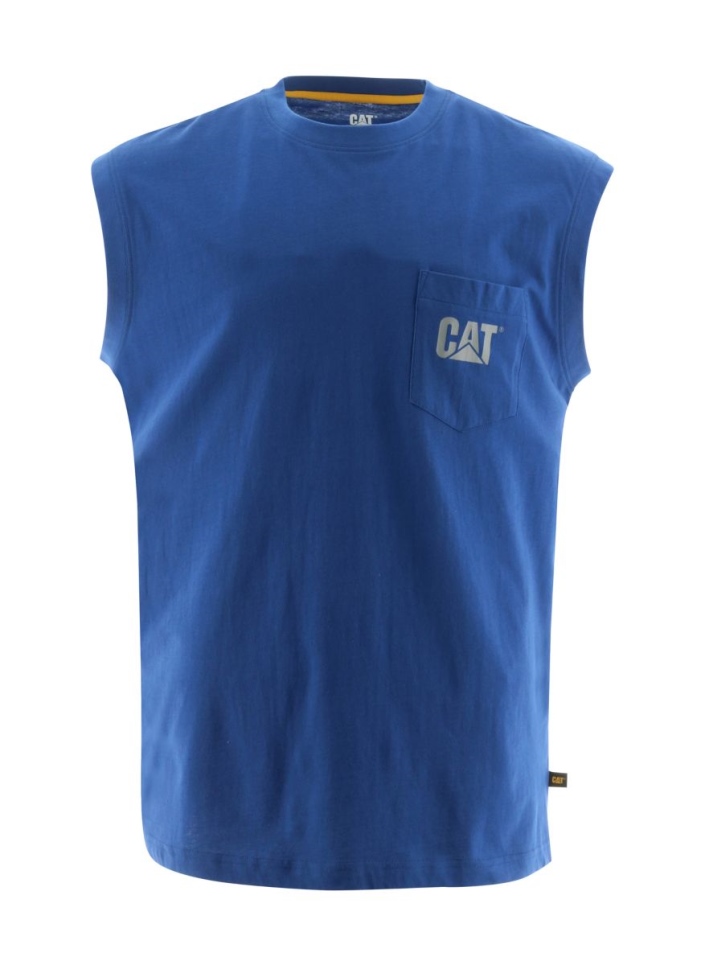 Cat Footwear Bright Blue Men's Trademark Sleeveless Pocket Tee